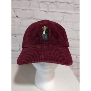 Vintage Polo Sport Ralph Lauren Bear Red Corduroy Cap Hat Leather Strap Yacht